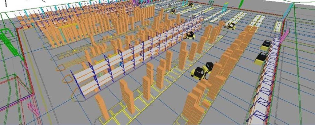 Captura de pantalla de un modelo de simulación de un almacén. Fuente: SIMIO