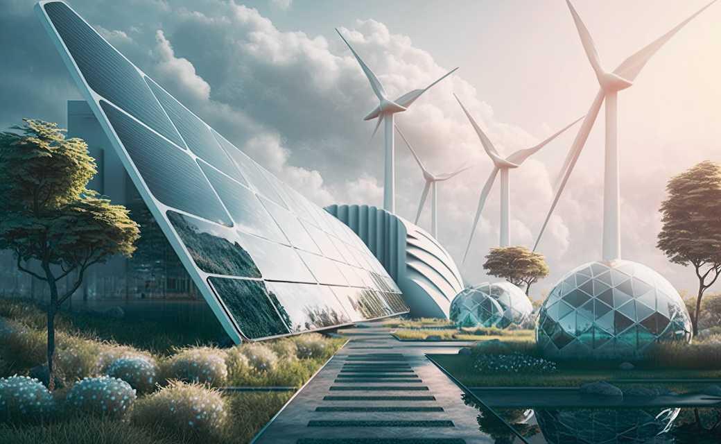 La ciudad del futuro con abundante vegetación y fuentes de energía alternativas paneles solares