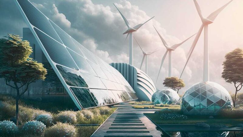 La ciudad del futuro con abundante vegetación y fuentes de energía alternativas paneles solares